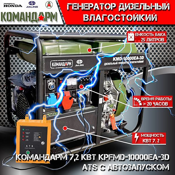 Фото 55 - Дизельный генератор Командарм 7,2 кВт KMD-10000EA-3D ATS с автозапуском.